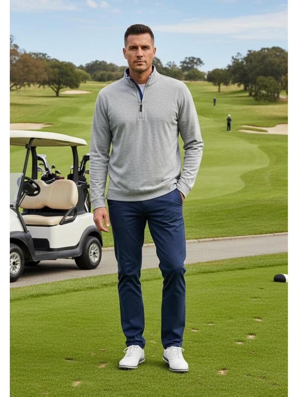 J.McLaughlin Clermont Men's XL Quarter-Zip Pullover Heathered Gray Blue Trim